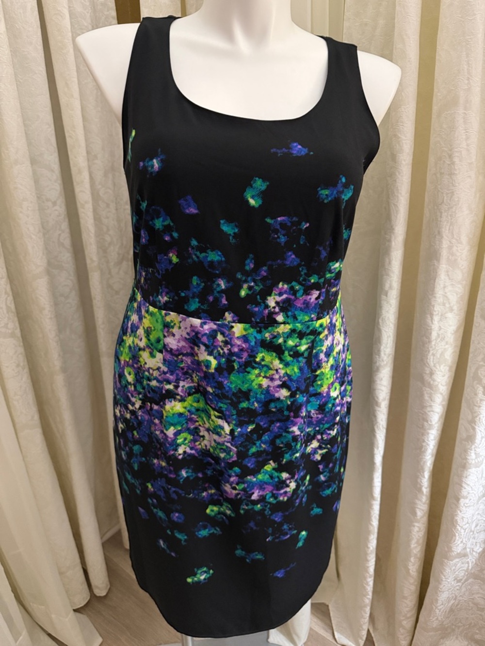 Lane Bryant Black Midi Sheath Dress with Blue, Purple & Green Floral Print